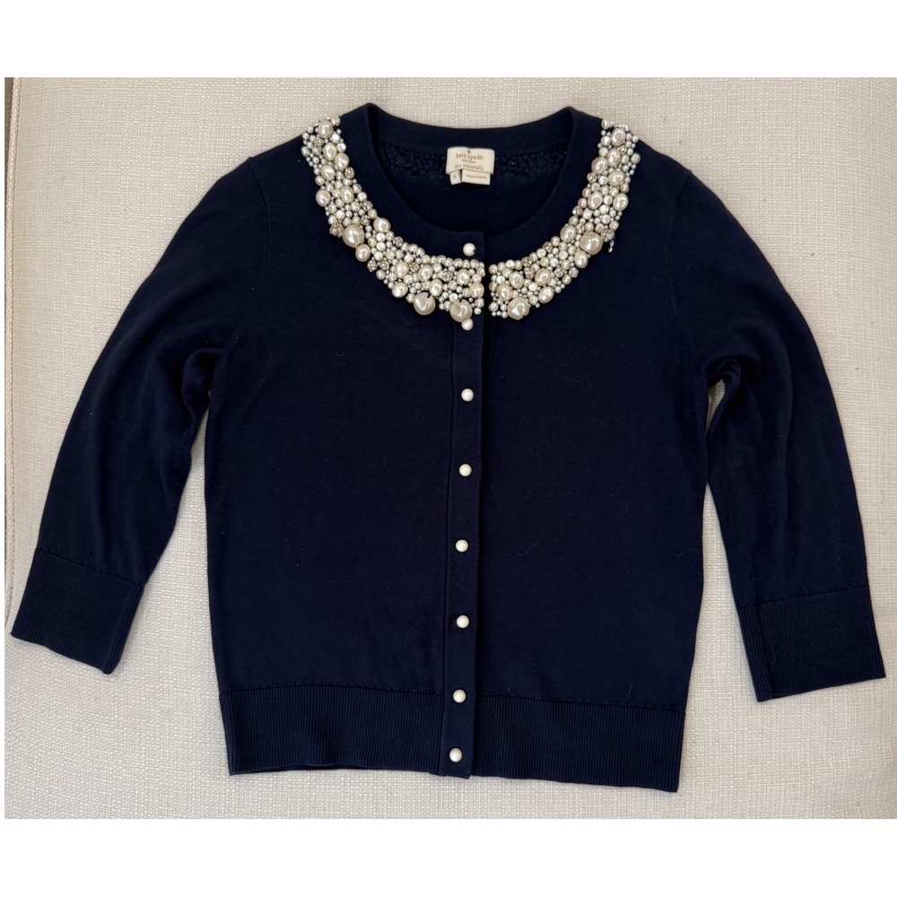 Kate Spade Cardigan Womens S Navy Pearl Embellished Collar Excellent